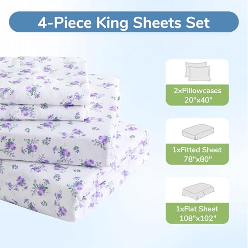 Image of MUXHOMO King Size 4 Piece Sheet Set, Soft & Breathable Sheet for Bedroom with Deep Pocket Up to 16 inch, Wrinkle-Free & Cooling Bed Sheets with Flat Sheet, Fitted Sheet & Pillowcases - Lavender Sprig