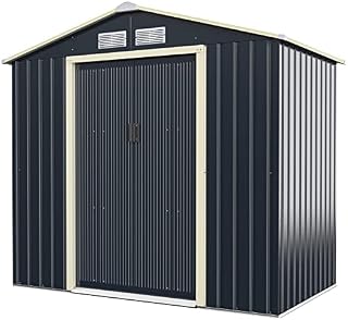 COSTWAY 7x4/9x6 Metal Storage Shed, Outdoor Lockable Tool Storage Box with 4 Vents, Double Sliding Door and Sloped Roof, Weatherproof Garden Shed House Hut (7 X 4 FT)