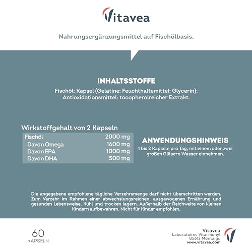 Omega 3 Wildfischöl 2000mg - 1000mg EPA, 500mg DHA, 60 Omega 3 Kapseln hochdosiert - Herz- & Gehirnfunktion, Sehkraft - 2 Monate - Vitavea