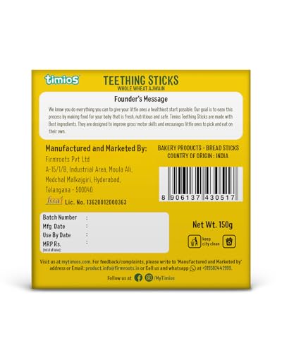 Image of Timios Organic Teething Sticks - Whole Wheat & Ajwain, 150g, Healthy, Tasty & Preservative-Free Baby Snack, Soothes Gums, Promotes Self-Feeding