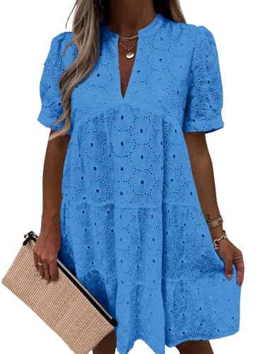 Image of Imily Bela Womens Summer Lace Dresses Eyelet Casual Flowy Babydoll Swing Short Sleeve V Neck Tunic Dress
