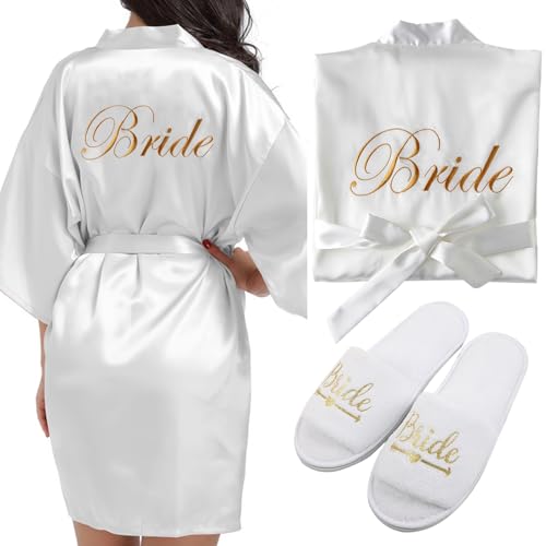 LEKEFETO Bride Morgenmantel Damen Bademantel Satin Kimono V Ausschnitt...
