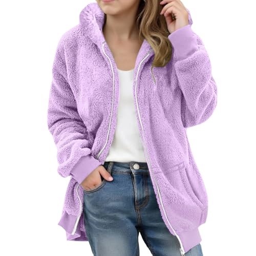 Girls Fleece Jacket Long Sleeve Full Zip Up Sweatshirt Fall Winter Hooded Warm Outerwear Furry Hoodies With Pockets