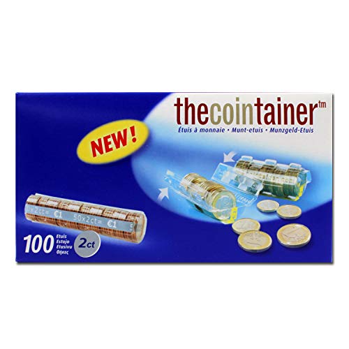 effektivo Kunststoffmünzhülsen für 2 Cent Euro-Münzen aus PET, mit Zählrillen für schnelles Abzählen von Münzen, Karton mit 100 Stück