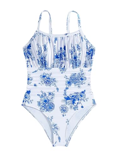 OYOANGLE Girl's Boho Floral One Piece Swimsuit Ruched Beach Sports Bathing Suit Swimwear