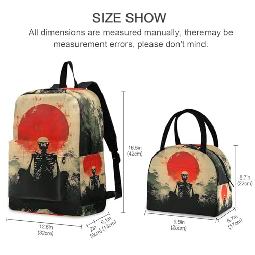Skull Sunset Print Backpack Set with Lunch Bag, Large Capacity Travel Backpacks and Lunch Box Insulated for Commute Hiking Picnic2