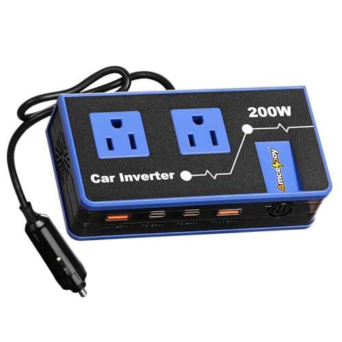 Image of 200W Car Power Inverter, Amcelooy Dual DC 12V to 110V AC Car Outlet Adapter to Wall Plug, Fast Charging 24W USB-C & USB Ports, Portable Charger Converter with for Laptops, Phones(Blue)