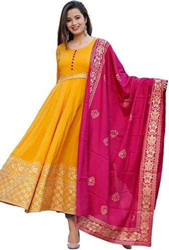 Women Yellow Anarkali Kurta with Rani Pink Printed Dupatta