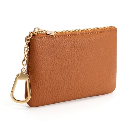 Image of Full Grain Leather Coin Purse with Key Chain - Small Change Purse Keychain Card Holder Keychain Pouch Small Keychain Wallet for Women and Men (Brown, Large Size)