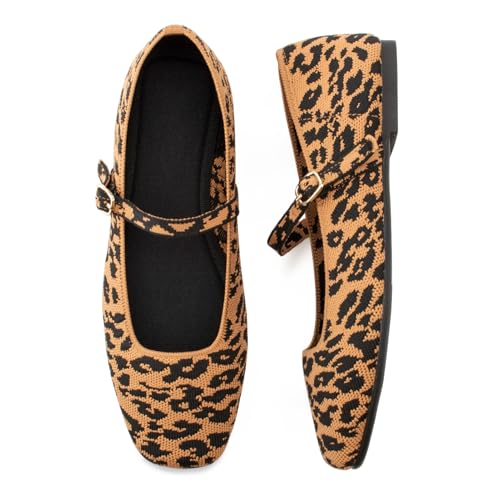 Image of Soesyi Knit Flats for Women Square Toe Flats Casual Ballet Flats with Ankle Strap,Mary Jane Shoes Women Comfortable for Dressy Office