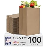 Mesha 100Pcs Paper Grocery Bags 12 x 7 x 17 Inches Bulk, Heavy Duty 60 Lbs Kraft Brown Paper Bag, Large Grocery Kraft Sacks -Takeout, Restaurant, Retail, Shopping,Gifts