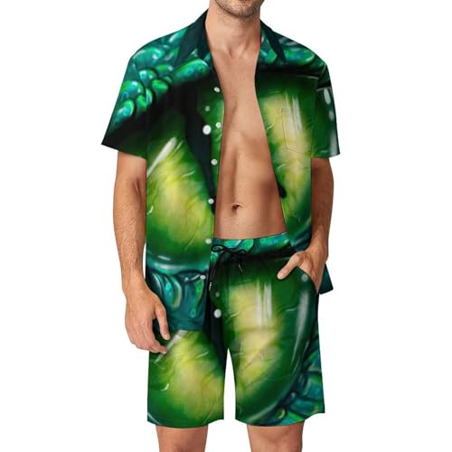 Chemise Hawaïenne Hommes Vert Dragon Ensemble 2 Pièces Short et Pantalon de Plage Été Taille S