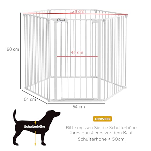 PawHut Welpenauslauf faltbar 90cm Hoch Freilaufgehege mit 6 Paneelen, Welpenlaufstall mit abschließbarer Tür, Hundelaufstall für drinnen und draußen, für mittelgroße Hunde, 123 x 102 x 90 cm, Weiß