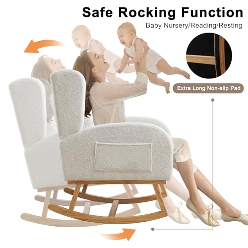 HCHAIRH Rocking Chair Nursery,Teddy Nursery Rocking Chairs, Wingback Rocker for Nursery for Living Room Bedroom(Teddy White)