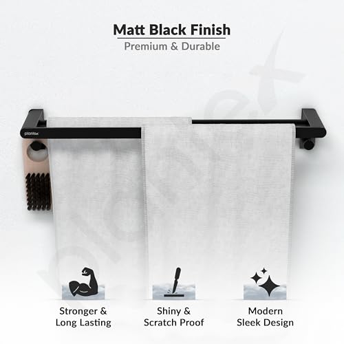 Image of Plantex Space Aluminium Dual Towel Rod for Bathroom /Towel Holder with Hooks /Bathroom Towel Holder /Towel Stand /Bathroom Accessories (Black) Pack of 1