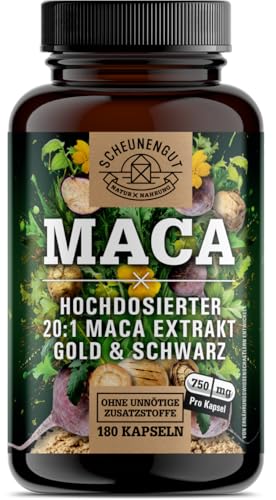 Maca Kapseln -30000mg je Dosis- WICHTIG: 20:1 Maca Schwarz + Gold Extrakt (30000mg reines Maca je Tagesdosis) -Laborgeprüft- DE SCHEUNENGUT
