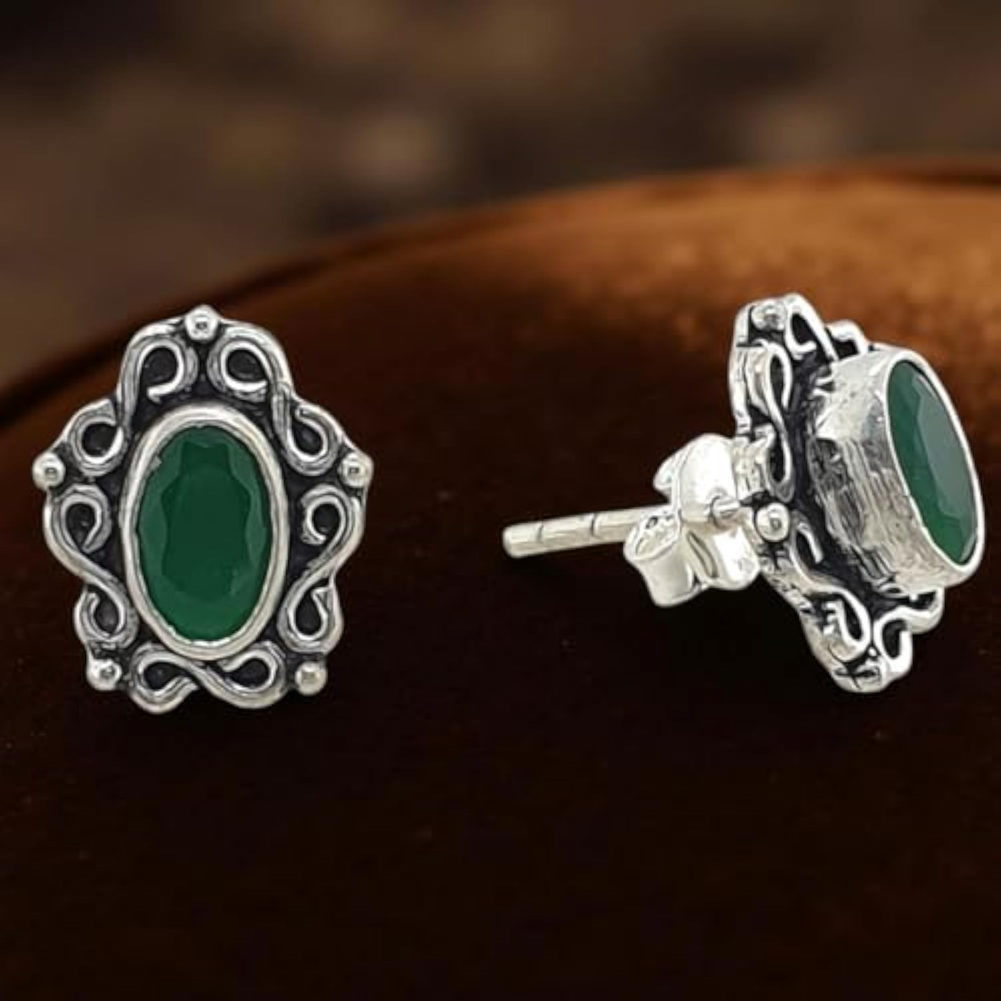 Women's 925 Sterling Silver Designer Green Onyx Stud Earrings