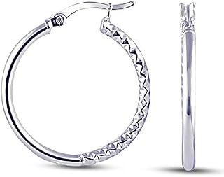 Charmsy Sterling Silver Jewelry Round Shaped Half Textured Click Top Hoop Earring for Women