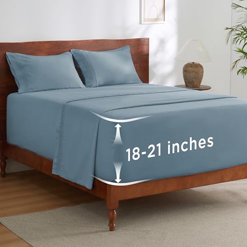 Image of Bedsure Deep Pocket Queen Sheets Set - Fits Mattresses Up to 21 Inches Thick - 4 Piece GentleSoft Bed Sheets, Moisture Wicking, Soft & Cooling Bedsheet & Pillowcases, Easy & Secure Fit, Mineral Blue