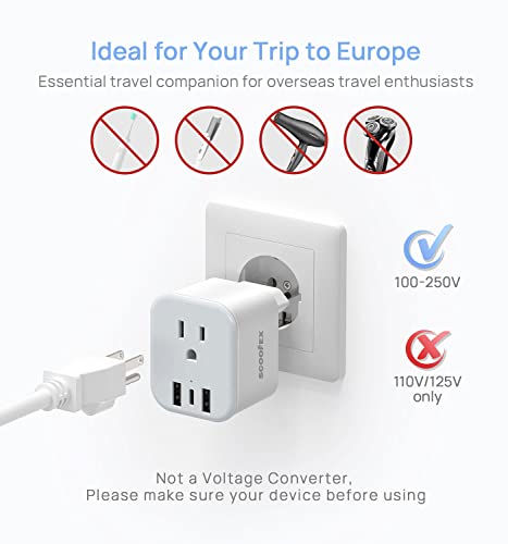 European Travel Plug Adapter - Scoofex Foldable Power Plug With 3 Usb (1 Usb C Port) And 1 Ac Outlets Charger For Us To Most Of Europe - Eu France Germany Spain Italy（Type C/L） #TOP3