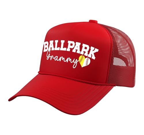 Ballpark Grammy Grandma Softball Baseball Grammy of Ballers Trucker Hat with Adjustable Mesh Back, Red