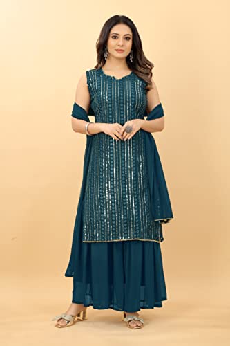Image of DREAMANGEL FASHION Womens Georgette Embroidered Work Kurta and Sharara with Dupatta