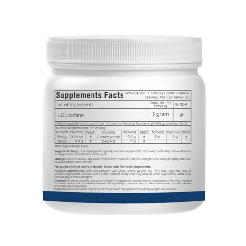 Image of Trexgenics L-GLUTAMINE Pure Powder (50 Servings) Muscle Building Block for Strength & Growth, Leaky Gut Health, Immunity (250 gm) (Pack of 1)