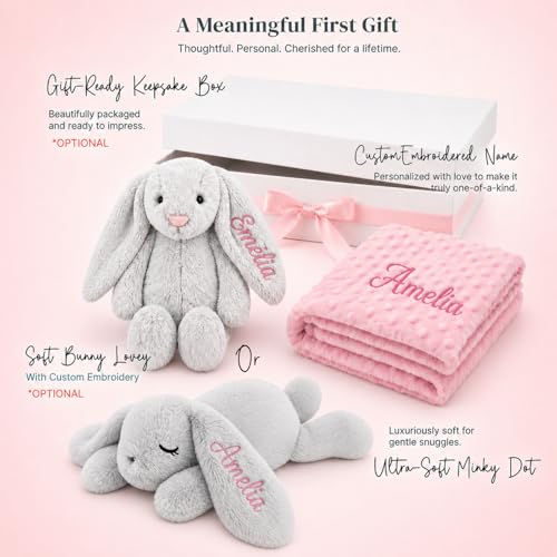Image of Personalized Baby Blanket and Plush Bunny Set, Custom Baby Blankets and Rabbit with Name, Personalized 2 in 1 Gift Set for Boy Girl Toddlers, Minky Dot Swaddle, Gift Set for Showering, Birthday