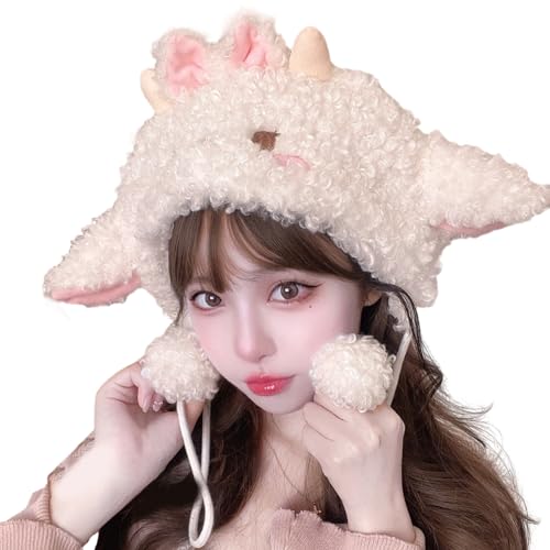 Cartoon Furry Lamb Hat Headgear with Ear for Girls Cosplay Warm Winter Headwear Cosplay Party Supplies White