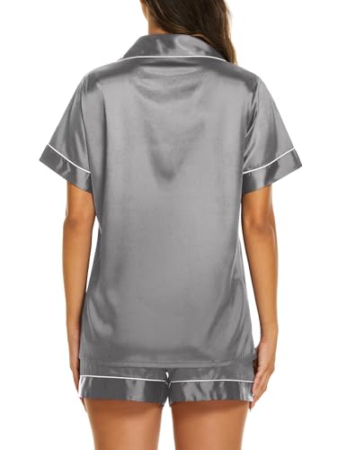 Image of Ekouaer Silk Pajamas for Women Short Sleeve Sleepwear Soft Button Down Loungewear 2 Piece Satin Pjs Shorts Set