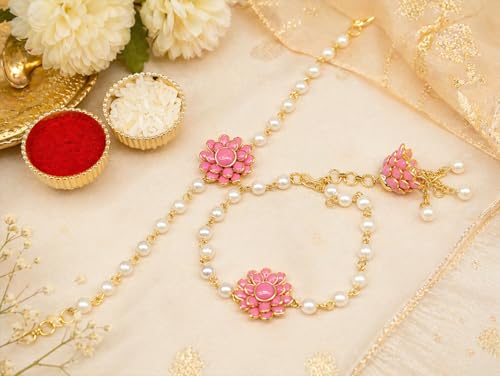 Image of JAIPUR ACE Pink Floral Couple Rakhi Bracelet | Gold Plated Hathphool Hand Harness with Pearl Chain | Elegant Rakhi for Bhai Bhabhi | Traditional Ethnic Hand Jewelry for Raksha Bandhan & Festivals