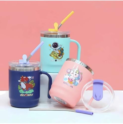 Image of Insulated Mug with Lid and Straw, Stainless Steel,12.5 x 11.5 cm, with Handle (Unicorn)