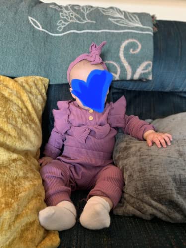 Kulcerry Newborn Infant Baby Girl Clothes Solid Color Bow Ribbed Long Sleeve Romper Pants Headband Outfits Set (Purple,0-3 Months) #TOP3
