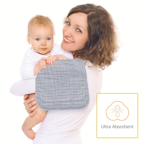 Image of Lovely Care 12 Pack Muslin Burp Cloths 100% Cotton Muslin Cloths Large 20''x10'' Extra Soft and Absorbent Baby Burping Cloth - Slate