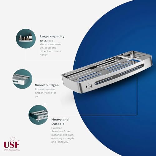 Image of USF Elegance Stainless Steel Corner Shelf, Wall Mounted Bathroom & Kitchen Storage Rack for Toiletries & Essentials, Compact Space Saving Organizer, Instant Installation, Chrome Finish (Pack of 2)