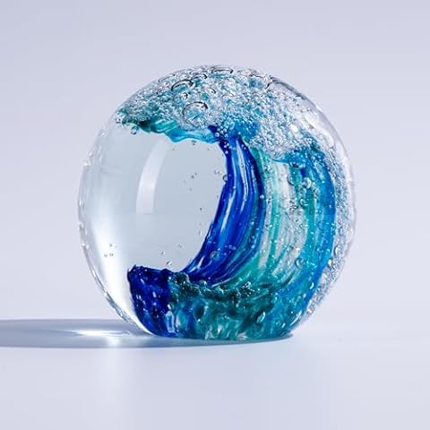 QIANCHANG Blown Glass Ocean Wave Paperweight, 3.15" Blue Wave Figurine, Sea Glass Art Sphere Sculpture Home Decor Cover