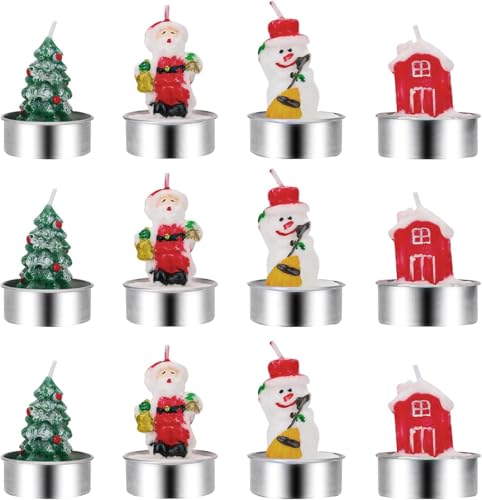 Velas navideñas decorativas de 12 piezas, Papá Noel, muñeco de nieve, cabaña, abeto, cera de soja con soporte metálico, 4,4 x 4 cm, para decoración navideña