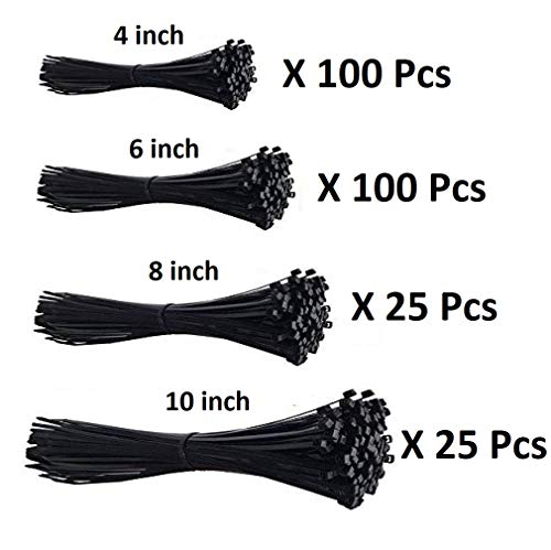 Image of ART IFACT 250 Pieces of Nylon Cable Tie Al Sizes Wire Organiser, Multiple Sizes, Black Colour (Black Combo 1)