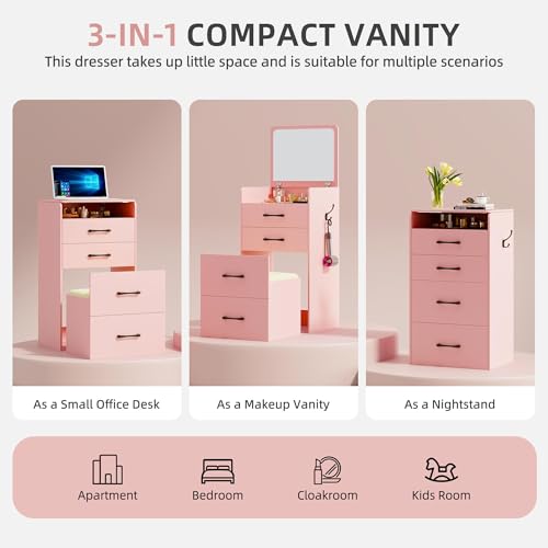 Gurexl 3 in 1 Vanity Desk with Flip Top Mirror for Bedroom,Small Compact Vanity with Visible Glass Desktop for Cloakroom,Makeup Vanity Set with 3 Drawers,Cushioned Stool,Pink