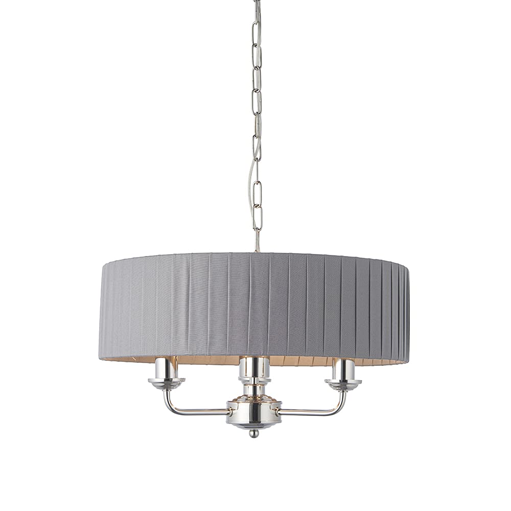 CELESTE Decorative Pendant Ceiling Light - Bright Nickel 3 Way Multi Arm Pendant with Wrapped Charcoal Coloured Fabric Shade - Height Adjustable Indoor Dimmable Light