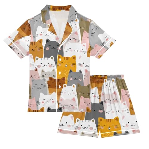 Cute Colored Cats Pajamas Set Soft Pjs Sets 2 Piece Short Sleeve Sleepwear Casual Loungewear