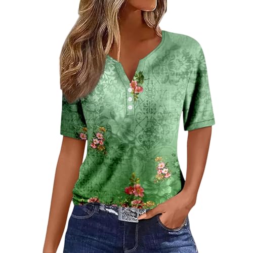 Kanpola Bluse Damen Elegant V-Ausschnitt T-Shirt Mode Bunte Drucken Lose Kurzarm Sommeroberteile Knopfleiste Tunika Tops Frauen Hemdbluse Freizeit Strand Oberteile Sommershirts