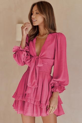 Image of AlvaQ Summer Dresses for Women Spring Long Sleeve A Line Ruffle Short Mini Dress V Neck Knot Front Swing Beach Sundress Rose X-Small