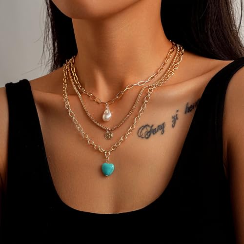 Gold Layered Necklaces Country Concert Outfits for Women Western Turquoise Pearl Necklace Boho Jewelry Cowboy Cowgirl Necklaces Vintage Bohemian Accessorie Christmas4