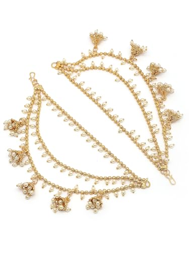 Image of Sukkhi Classical Traditional 18k Gold Plated with Brass Metal & Pearls Studded Jhumka /Jhumki Multi Layer Ear Kan Chain Earring Jewellery for Women & Girls|Bahubali Inspired Long Chain