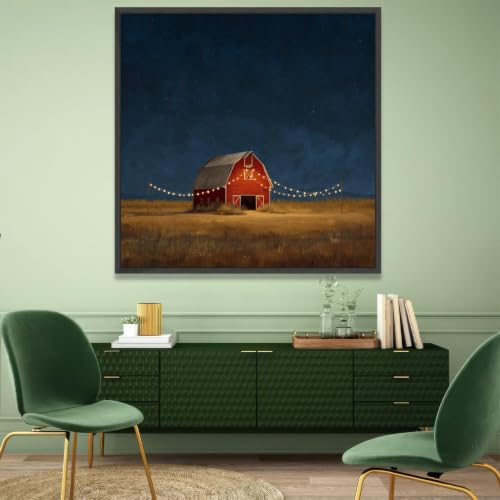 Tableau sur toile de qualité supérieure paysage de grange rouge et étoiles