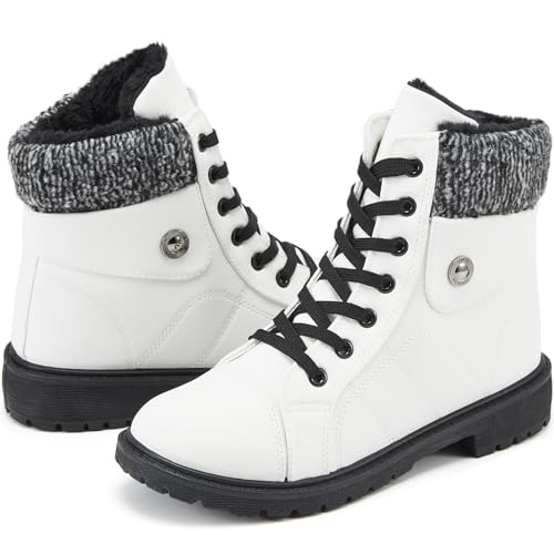 yageyan Womens Winter Snow Boots Warm Fur Lined Winter Water-resistan Ankle Booties Zipper Anti-Slip Combat Boots(White8)