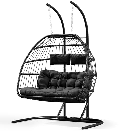 Warmiehomy Swing Egg Chair 2 Seater Hanging Chair with Cushion PE Wicker Rattan Double Hammock Chair with Stand Indoor Outdoor Foldable Egg Chairs for Garden, Patio, Backyard