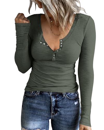 APOFER Women's Long Sleeve Henley T Shirts Casual Button Down Blouses Basic Scoop Neck Ribbed Knit Shirt Tops Army Green