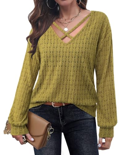 Image of Lotusmile Women's Soft Fuzzy Knit Hollow Out Lace Blouses Criss Cross V Neck Tops for Women Dressy Casual
